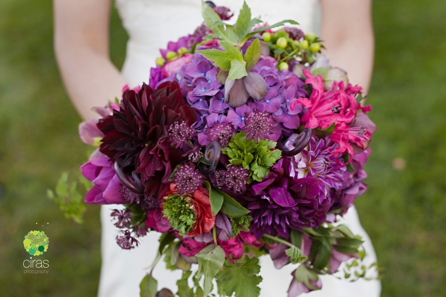 Our bride's bouquet was lovely affair with large purple dahlias and 