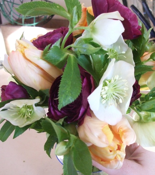 Hellebore, tulips, and ranunculas bouquet